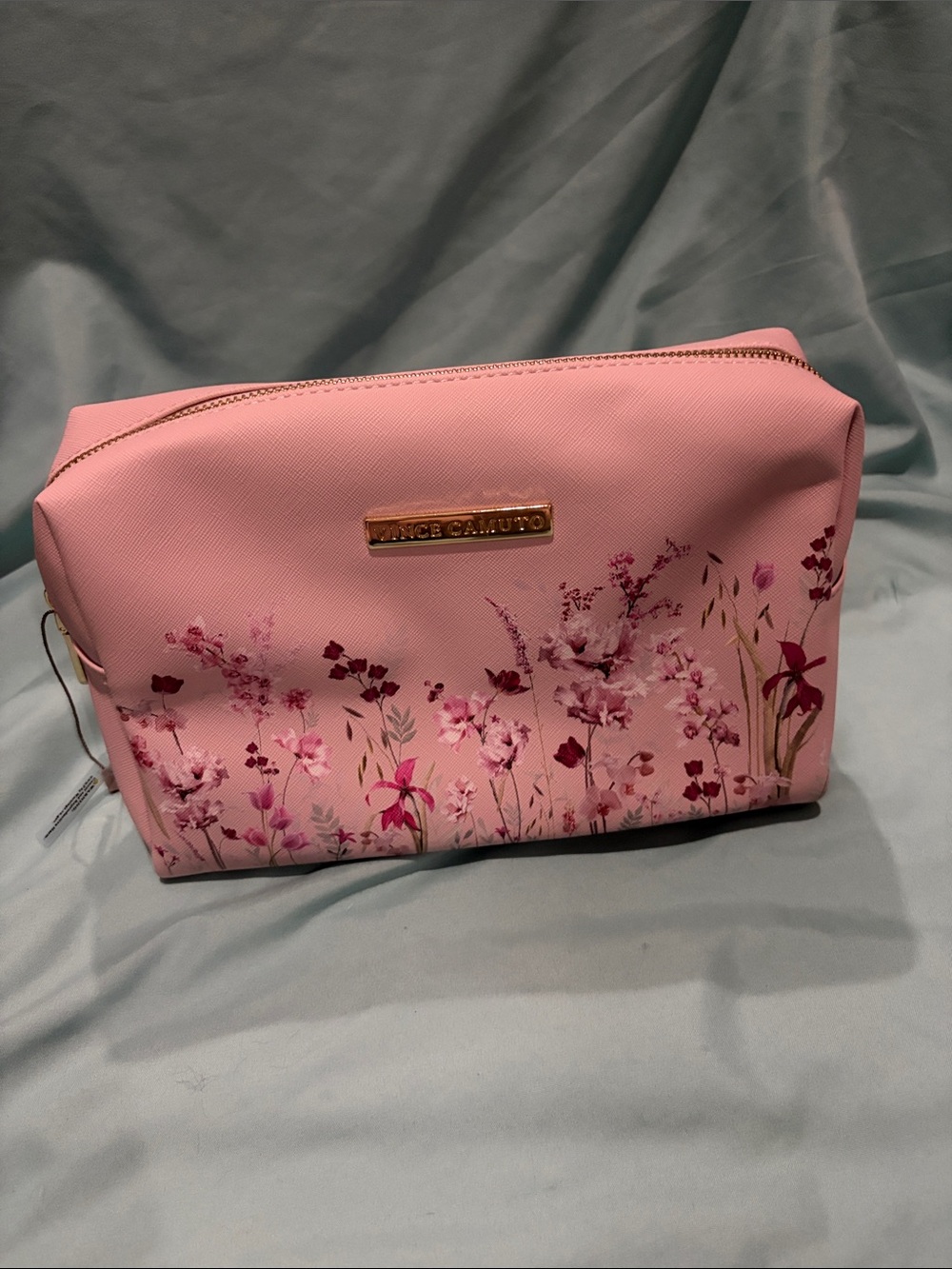 Vince Camuto Pink Floral Makeup Pouch with Gold Logo